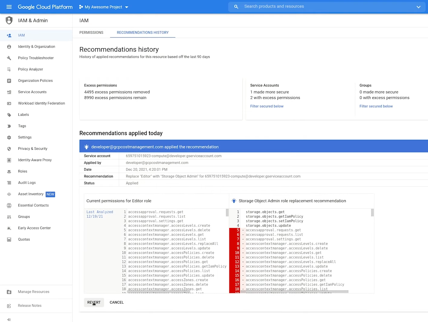 screenshot of iam recommender history page