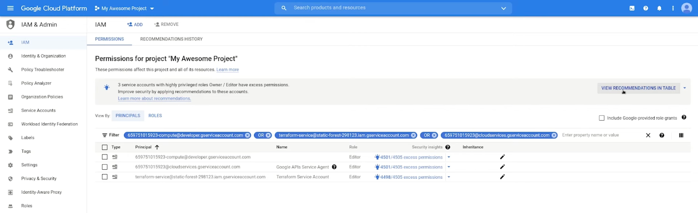 screenshot of iam recommender page with findings